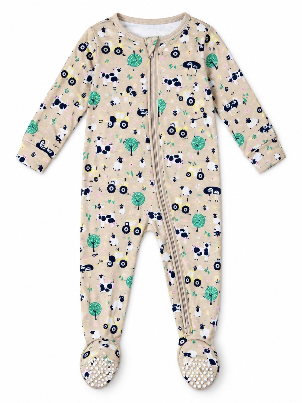 Cozy Farm-Print Beige Footed One-Piece for Baby